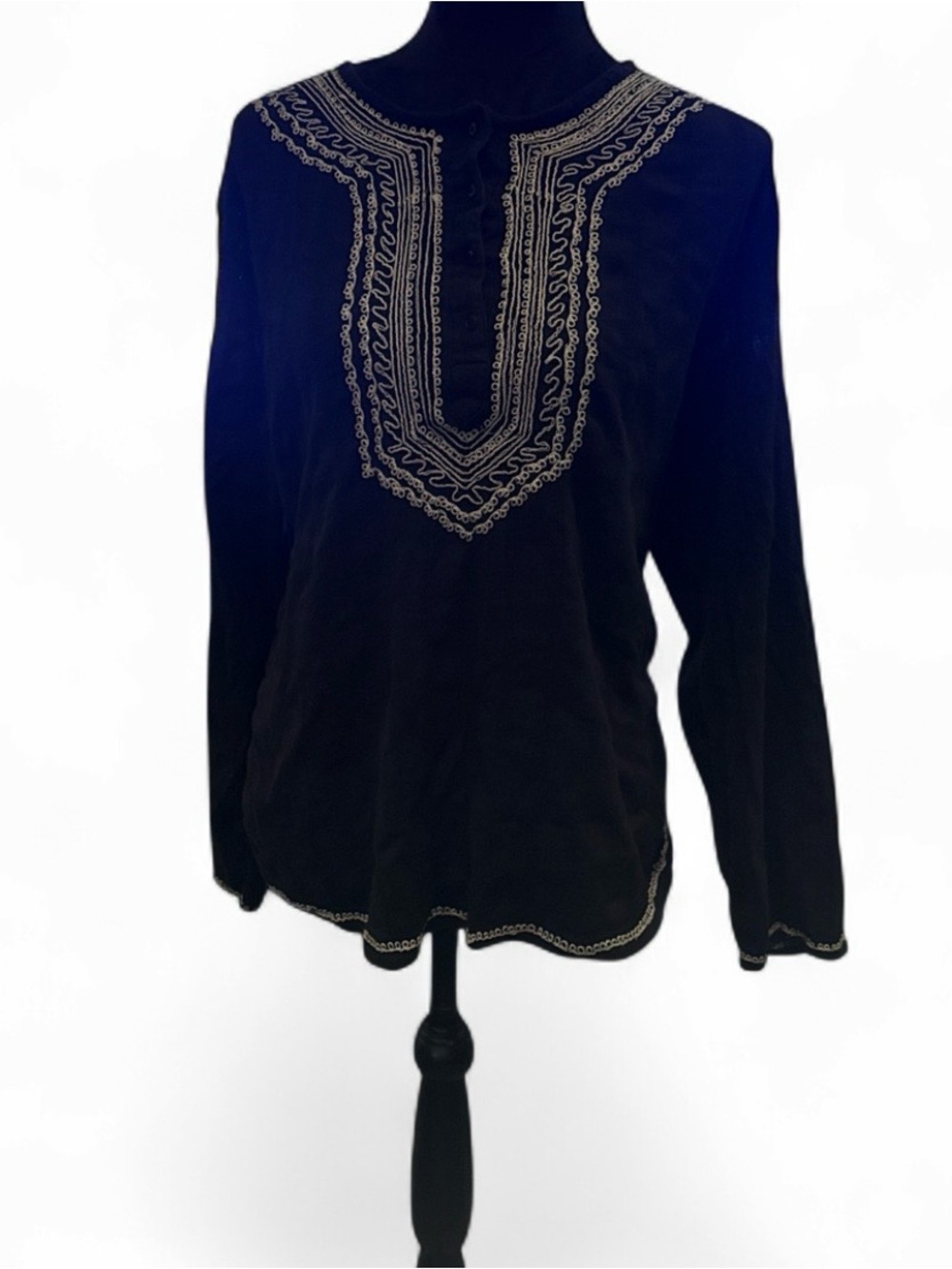White Stag Black Long-Sleeve Top with Cream Embroidered Yoke